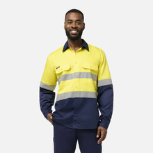 Load image into Gallery viewer, KingGee Men's Originals Spliced Hi-Vis Vented Gusset Cuff Taped L/S Shirt - Yellow/Navy

