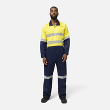 Load image into Gallery viewer, KingGee Men's Originals Spliced Hi-Vis Vented Taped Overall - Yellow/Navy
