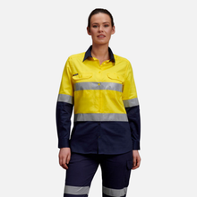 Load image into Gallery viewer, KingGee Women's Womens Originals Spliced Hi-Vis Taped L/S Shirt - Yellow/Navy
