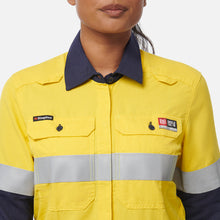 Load image into Gallery viewer, KingGee Women's Shieldtec Lenzing Flame Resistant Hi-Vis Spliced Long Sleeve Shirt Taped - Yellow/Navy
