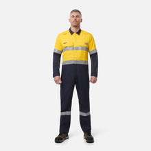 Load image into Gallery viewer, KingGee Men's Shieldtec Hi Vis 2 Tone Coverall with Flame Resistant Tape - Yellow/Navy
