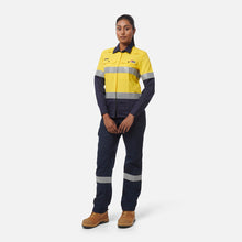 Load image into Gallery viewer, KingGee Women's Shieldtec Lenzing Flame Resistant Hi-Vis Spliced Long Sleeve Shirt Taped - Yellow/Navy
