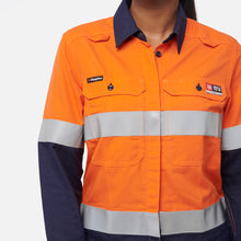 Load image into Gallery viewer, KingGee Women's Shieldtec Lenzing Flame Resistant Hi-Vis Spliced Long Sleeve Shirt Taped - Orange/Navy
