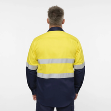 Load image into Gallery viewer, KingGee Men's Originals Spliced Hi-Vis Taped Gusset Cuff L/S Shirt - Yellow/Navy
