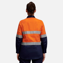 Load image into Gallery viewer, KingGee Women's Reflective Spliced Drill Long Sleeve Shirt - Orange/Navy
