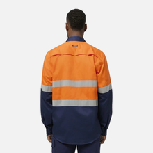 Load image into Gallery viewer, KingGee Men's Originals Spliced Hi-Vis Vented Gusset Cuff Taped L/S Shirt - Orange/Navy
