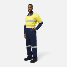 Load image into Gallery viewer, KingGee Men's Originals Spliced Hi-Vis Vented Taped Overall - Yellow/Navy
