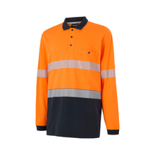 Load image into Gallery viewer, KingGee Men's Originals Spliced Hi-Vis Taped L/S Cotton Polo - Orange/Navy
