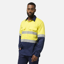Load image into Gallery viewer, KingGee Men's Originals Spliced Hi-Vis Vented Gusset Cuff Taped L/S Shirt - Yellow/Navy
