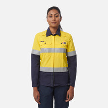 Load image into Gallery viewer, KingGee Women's Shieldtec Lenzing Flame Resistant Hi-Vis Spliced Long Sleeve Shirt Taped - Yellow/Navy
