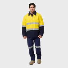 Load image into Gallery viewer, KingGee Men's Originals Spliced Hi-Vis Taped Bluey Jacket - Yellow/Navy
