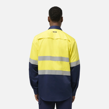Load image into Gallery viewer, KingGee Men's Originals Spliced Hi-Vis Vented Gusset Cuff Taped L/S Shirt - Yellow/Navy
