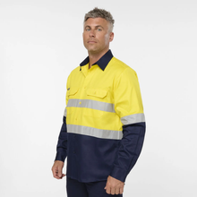 Load image into Gallery viewer, KingGee Men's Originals Spliced Hi-Vis Taped Gusset Cuff L/S Shirt - Yellow/Navy
