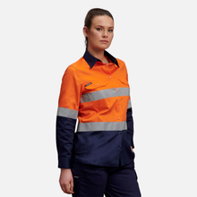 Load image into Gallery viewer, KingGee Women's Reflective Spliced Drill Long Sleeve Shirt - Orange/Navy
