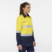 Load image into Gallery viewer, KingGee Women's Womens Originals Spliced Hi-Vis Gusset Cuff Taped L/S Shirt - Yellow/Navy
