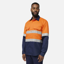 Load image into Gallery viewer, KingGee Men's Originals Spliced Hi-Vis Vented Gusset Cuff Taped L/S Shirt - Orange/Navy
