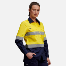 Load image into Gallery viewer, KingGee Women's Womens Originals Spliced Hi-Vis Taped L/S Shirt - Yellow/Navy

