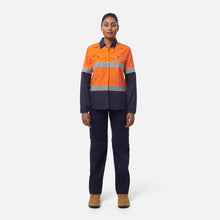 Load image into Gallery viewer, KingGee Women's Shieldtec Lenzing Flame Resistant Hi-Vis Spliced Long Sleeve Shirt Taped - Orange/Navy
