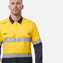 Load image into Gallery viewer, KingGee Men's Shieldtec Hi Vis 2 Tone Coverall with Flame Resistant Tape - Yellow/Navy
