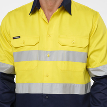 Load image into Gallery viewer, KingGee Men's Originals Spliced Hi-Vis Taped Gusset Cuff L/S Shirt - Yellow/Navy
