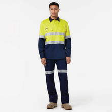Load image into Gallery viewer, KingGee Men's Originals Spliced Hi-Vis Vented Cf Taped L/S Shirt - Yellow/Navy
