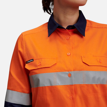 Load image into Gallery viewer, KingGee Women's Reflective Spliced Drill Long Sleeve Shirt - Orange/Navy
