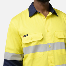 Load image into Gallery viewer, KingGee Men's Originals Spliced Hi-Vis Vented Gusset Cuff Taped L/S Shirt - Yellow/Navy
