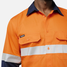 Load image into Gallery viewer, KingGee Men's Originals Spliced Hi-Vis Vented Gusset Cuff Taped L/S Shirt - Orange/Navy
