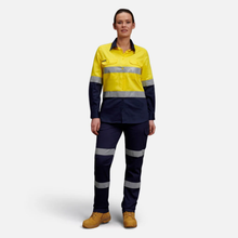 Load image into Gallery viewer, KingGee Women's Womens Originals Spliced Hi-Vis Taped L/S Shirt - Yellow/Navy
