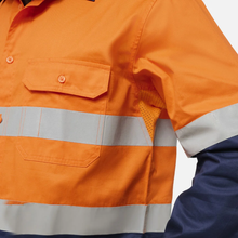 Load image into Gallery viewer, KingGee Men's Originals Spliced Hi-Vis Vented Gusset Cuff Taped L/S Shirt - Orange/Navy
