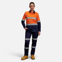 Load image into Gallery viewer, KingGee Women's Reflective Spliced Drill Long Sleeve Shirt - Orange/Navy
