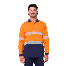 Load image into Gallery viewer, KingGee Men's Originals Spliced Hi-Vis Taped L/S Cotton Polo - Orange/Navy
