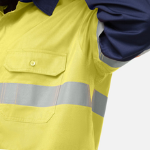 Load image into Gallery viewer, KingGee Men's Originals Spliced Hi-Vis Vented Gusset Cuff Taped L/S Shirt - Yellow/Navy
