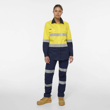 Load image into Gallery viewer, KingGee Women's Womens Originals Spliced Hi-Vis Gusset Cuff Taped L/S Shirt - Yellow/Navy
