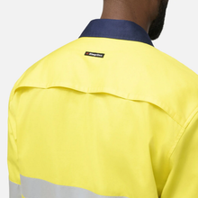 Load image into Gallery viewer, KingGee Men's Originals Spliced Hi-Vis Vented Gusset Cuff Taped L/S Shirt - Yellow/Navy
