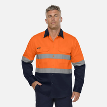 Load image into Gallery viewer, KingGee Men's Originals Spliced Hi-Vis Taped Gusset Cuff L/S Shirt - Orange/Navy
