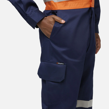 Load image into Gallery viewer, KingGee Men's Originals Spliced Hi-Vis Vented Taped Overall - Orange/Navy
