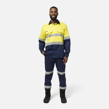 Load image into Gallery viewer, KingGee Men's Originals Spliced Hi-Vis Vented Gusset Cuff Taped L/S Shirt - Yellow/Navy
