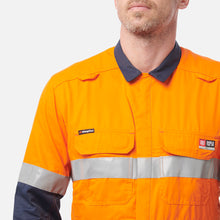 Load image into Gallery viewer, KingGee Men's Shieldtec Hi Vis 2 Tone Coverall with Flame Resistant Tape - Orange/Navy
