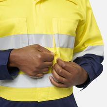 Load image into Gallery viewer, KingGee Men's Originals Spliced Hi-Vis Vented Taped Overall - Yellow/Navy

