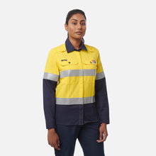 Load image into Gallery viewer, KingGee Women's Shieldtec Lenzing Flame Resistant Hi-Vis Spliced Long Sleeve Shirt Taped - Yellow/Navy
