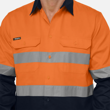 Load image into Gallery viewer, KingGee Men's Originals Spliced Hi-Vis Taped Gusset Cuff L/S Shirt - Orange/Navy
