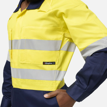 Load image into Gallery viewer, KingGee Men's Originals Spliced Hi-Vis Vented Taped Overall - Yellow/Navy

