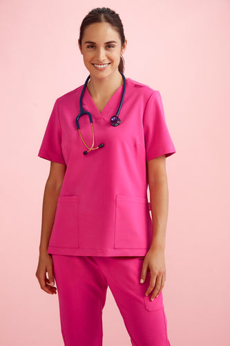 Biz Care Women's Pink Ribbon V-Neck Scrub Top - Pink - 