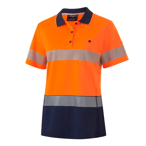 KingGee Women's Workcool Hyperfreeze Reflective Spliced Short Sleve Polo - Orange/Navy - Polos