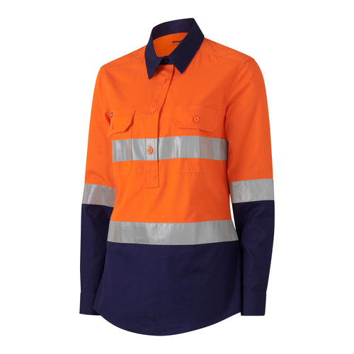 KingGee Women's Workcool 1 Closed Front Reflective Long Sleeve Shirt - Orange/Navy - Shirts