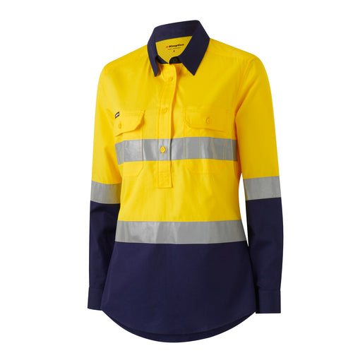 KingGee Women's Workcool 1 Closed Front Reflective Long Sleeve Shirt - Yellow/Navy - Shirts