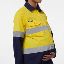 Load image into Gallery viewer, KingGee Women&#39;s Workcool Maternity Reflective Long Sleeve Shirt - Yellow/Navy - Shirts
