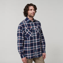 Load image into Gallery viewer, Hard Yakka Men&#39;s Long Sleeve Check Flannie - NAVY ORANGE CHECK - Shirts
