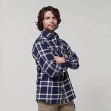 Load image into Gallery viewer, Hard Yakka Men&#39;s Long Sleeve Check Flannie - NAVY ORANGE CHECK - Shirts
